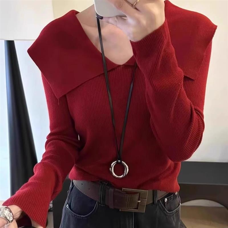 2025秋季新款减龄大翻领包芯纱针织衫女娃娃领修身内搭毛衣打底衫