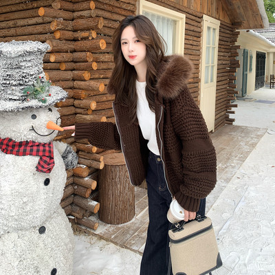 实拍2025新款爆款首发 保暖费尔岛慵懒风外套加厚毛衣开衫带毛领