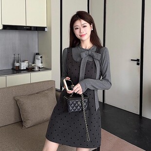 法式千金风波点连衣裙子套装女春季新款蝴蝶结长袖T恤叠穿两件套