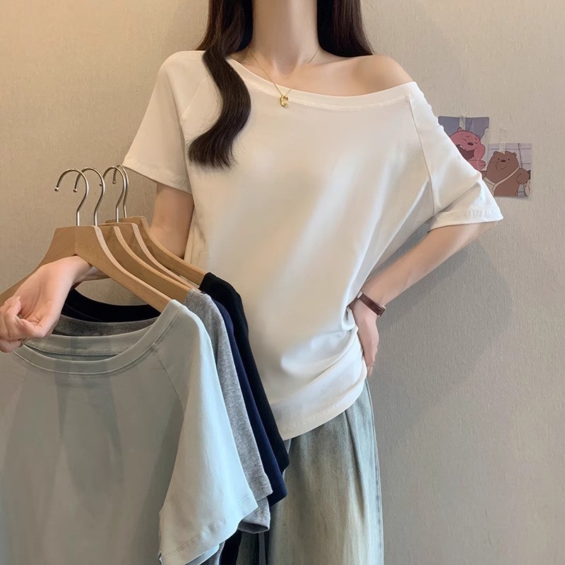 严选 白色92棉一字肩短袖t恤女夏季新款甜辣宽松百搭露肩小上衣服