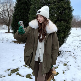 大毛领90绒羽绒服女冬季2025新款小个子中长款工装风派克服