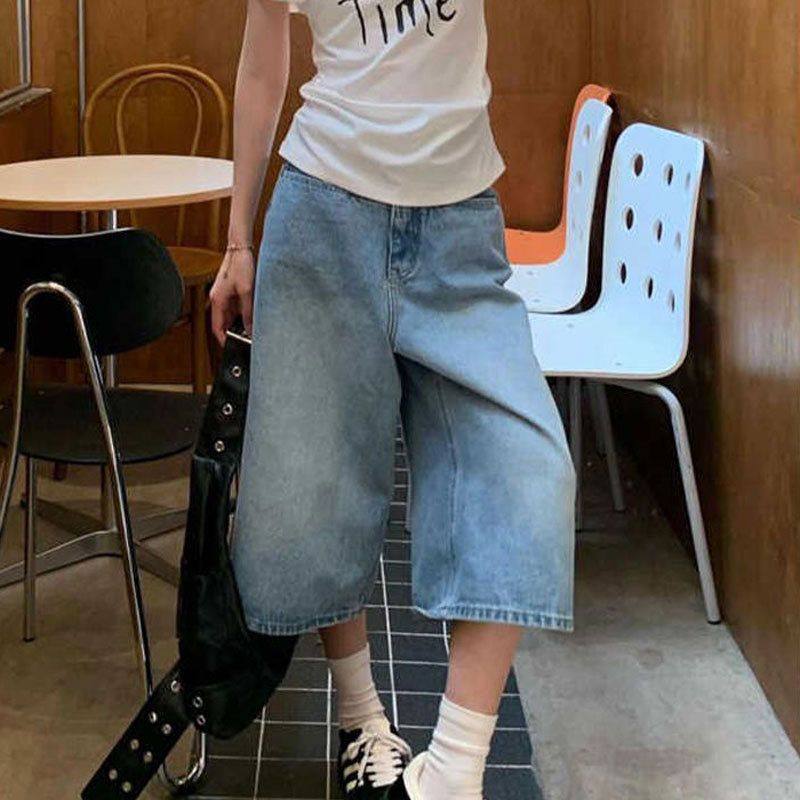 浅蓝色美式阔腿牛仔中裤夏季七分女大码显瘦高腰高街宽松直筒短裤,女装/女士精品,大码裤装,淘宝优惠券,粉丝福利购,淘宝优惠卷