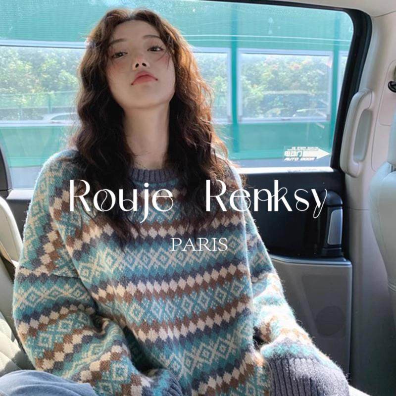 法国Rouje Renksy法式复古小个子提花条纹毛衣女秋冬季宽松针织衫,女装/女士精品,大码内搭,淘宝优惠券,粉丝福利购,淘宝优惠卷