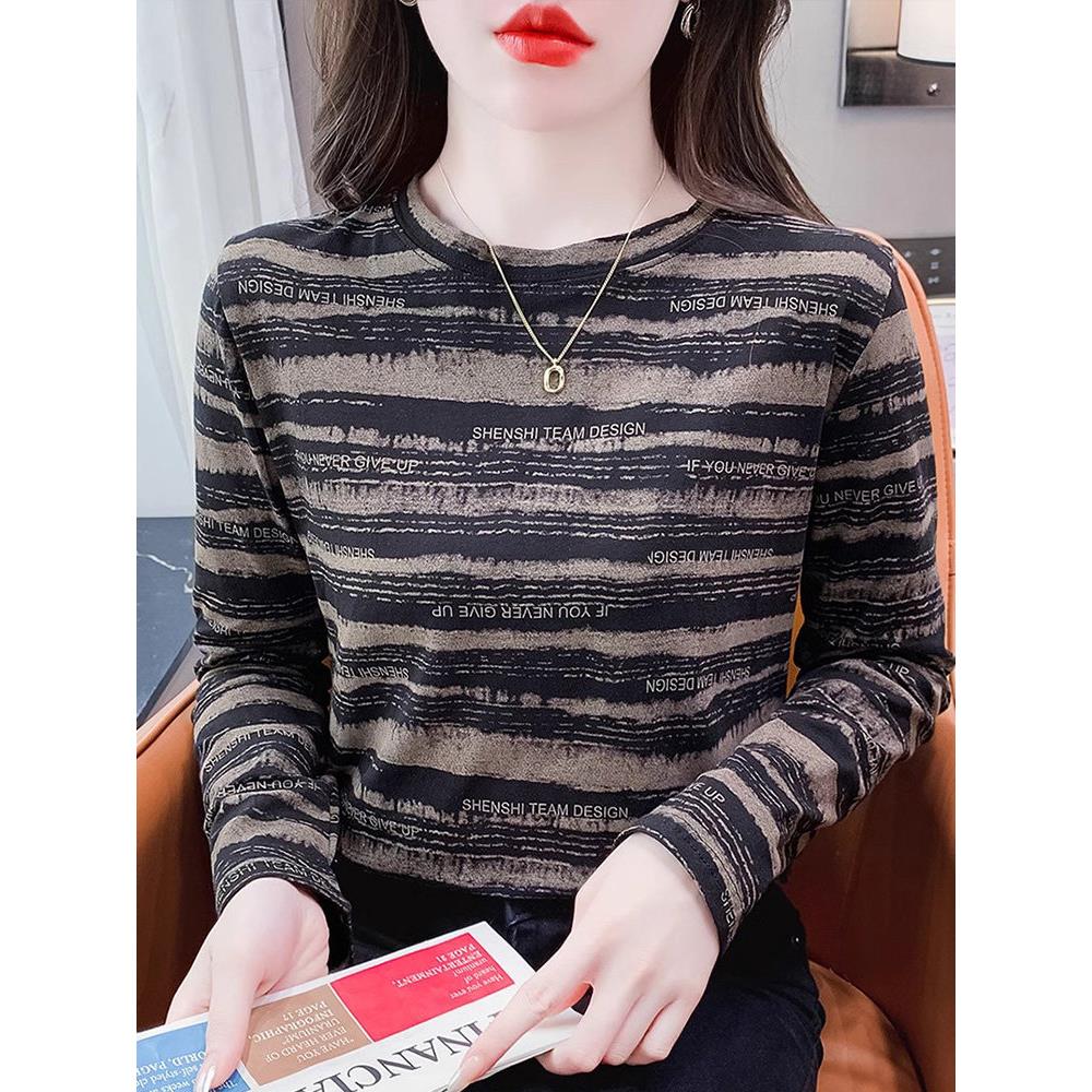 纯棉横条纹长袖t恤女2025春秋圆领宽松显瘦内搭打底衫休闲上衣ins图片