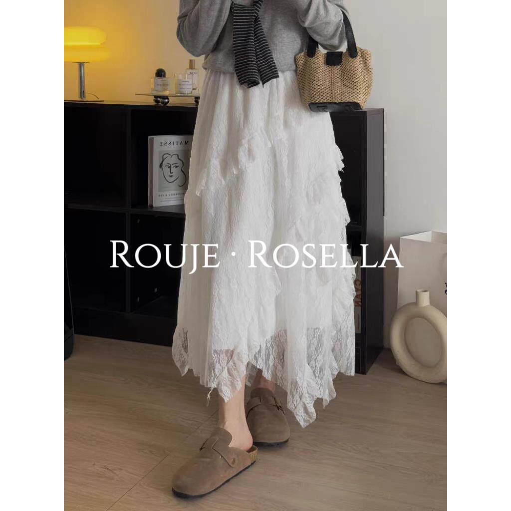 法国Rouje Rosella⭐白色不规则蕾丝花边蛋糕裙女秋冬小个子纱裙