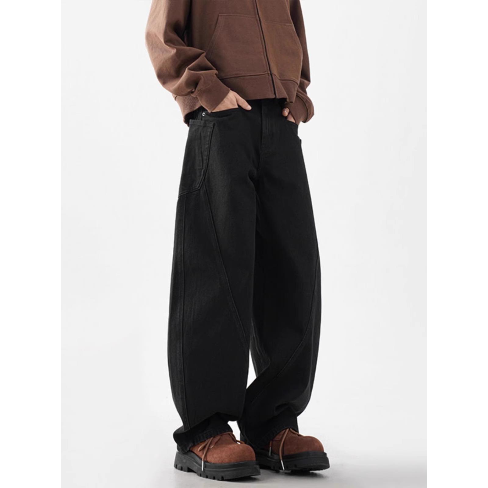 CD潮牌弯刀牛仔裤男士秋季美式垂感直筒baggy工装拼接阔腿镰刀裤