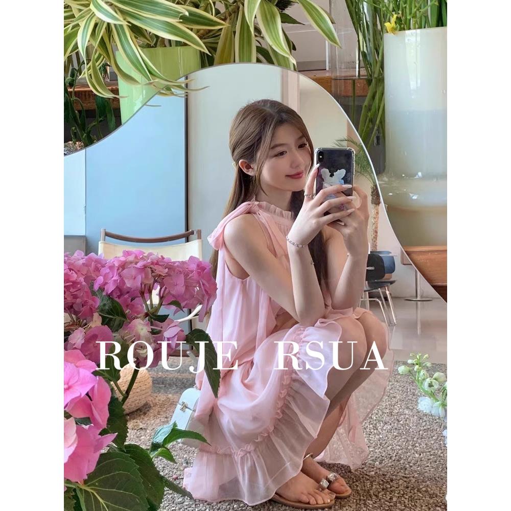 ROUJE RSUA法式新款绝美惊艳裙子恋爱气质纯欲挂脖无袖连衣裙女