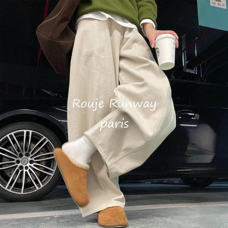 Rouje Runway米白色阔腿裤女2026新宽松慵懒风休闲裤显瘦韩系裤子
