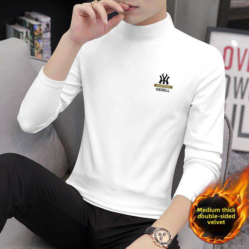 白色德绒中半高领打底衫男秋冬新款内搭潮流休闲修身保暖长袖t恤