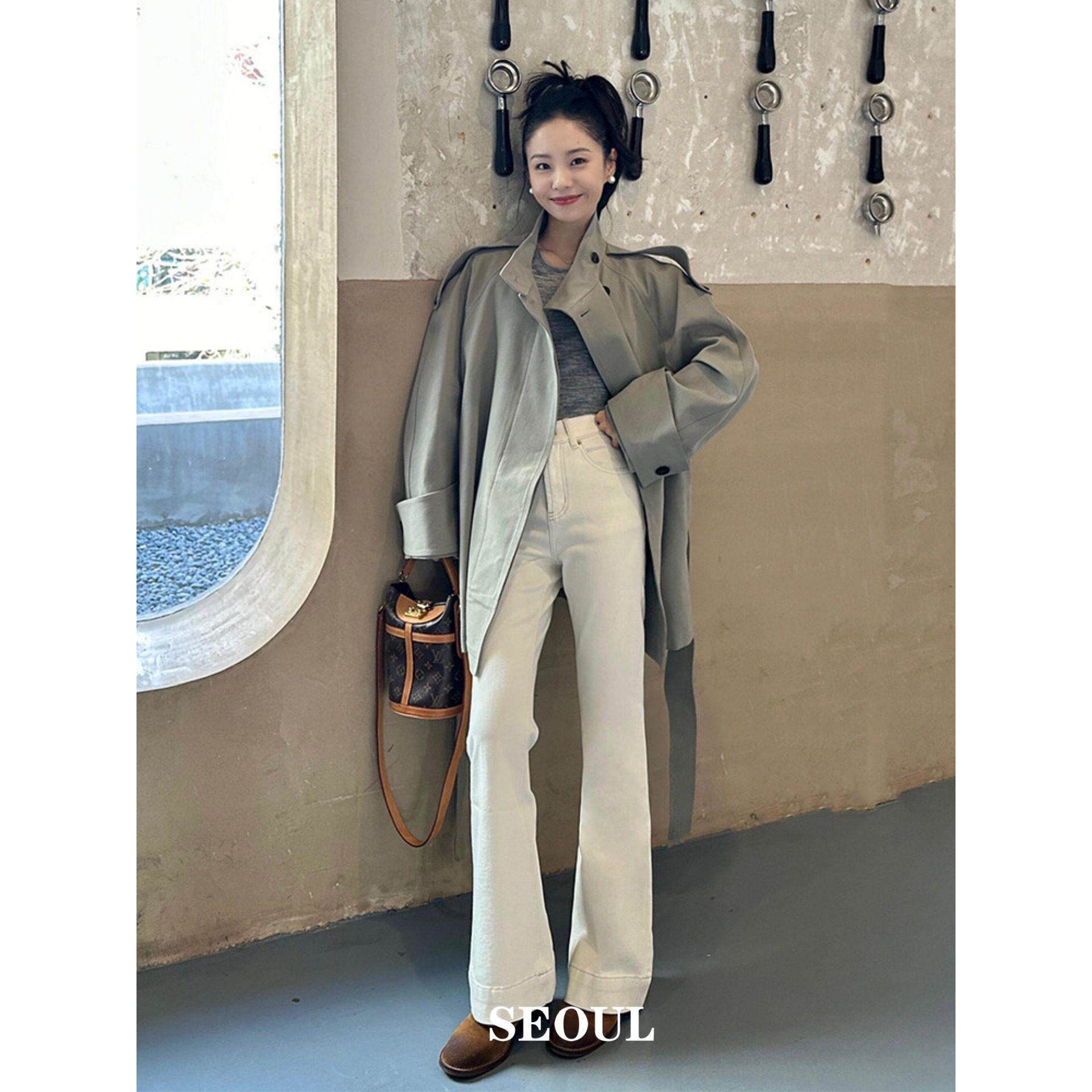 SEOUL喵/短款灰色立领风衣外套女2026春秋新款小个子高级感英伦风