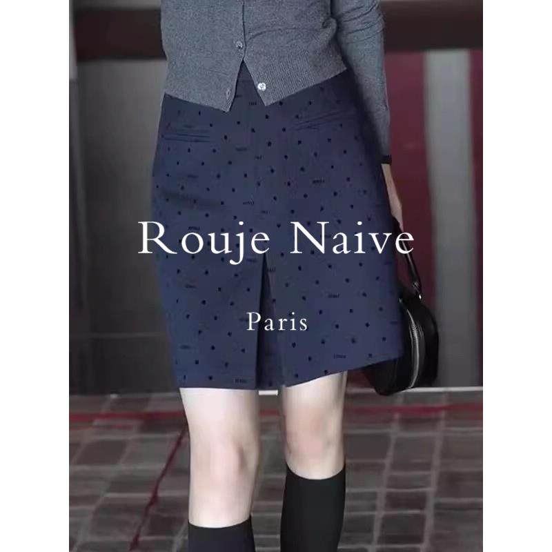 Rouje Naive春季新款藏蓝色波点韩系半身裙显瘦轻奢高腰a字短裙女