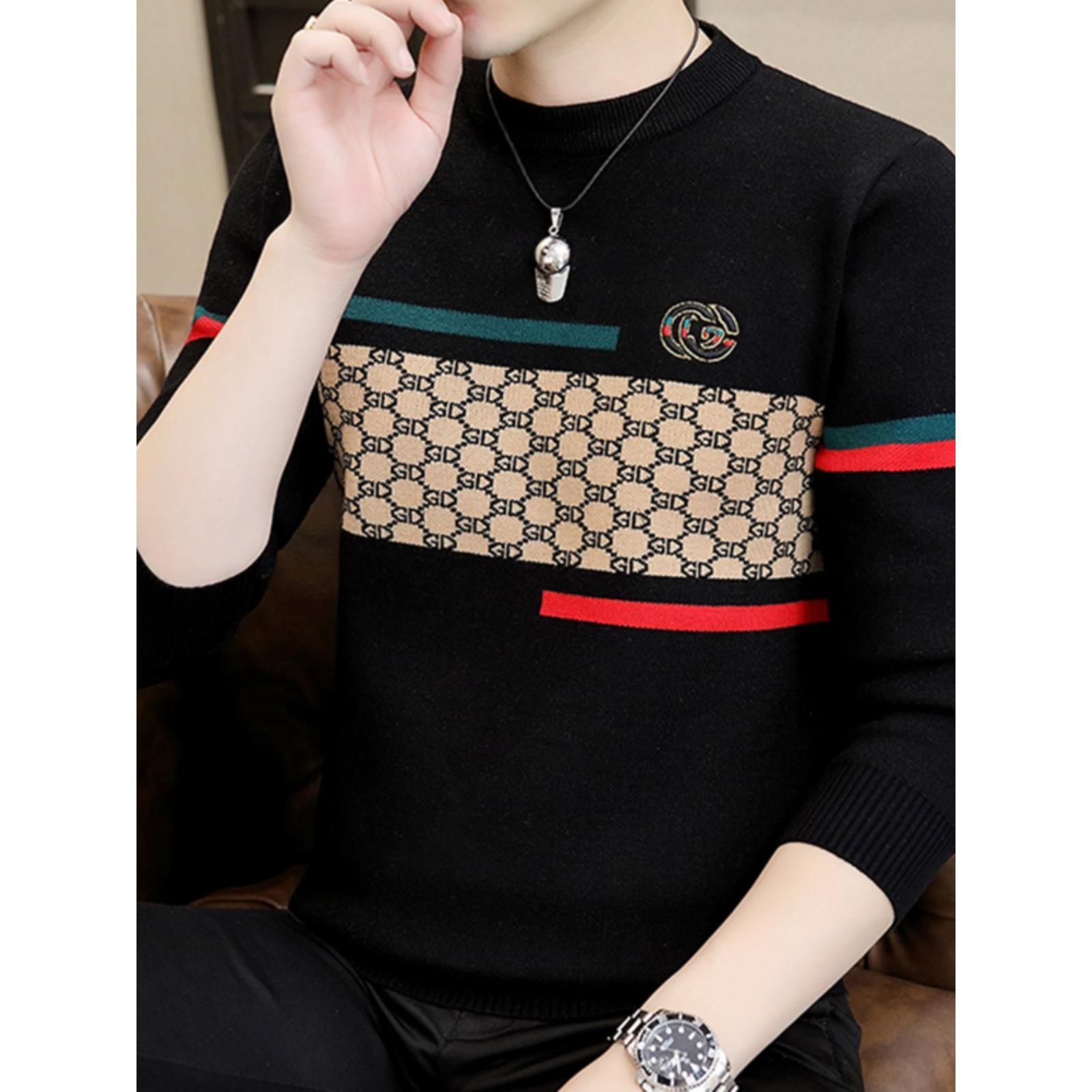 秋冬男士高底印花圆领毛衣新款韩式休闲男士长袖底绒线衫