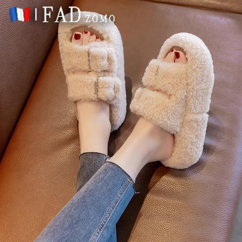 法国Fad Zomo厚底增高毛毛拖女外穿秋冬季踩屎感孕妇毛茸茸棉拖鞋