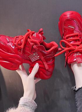 小众女鞋厚底老爹鞋女2025春秋新款红色小个子炸街运动休闲单鞋女