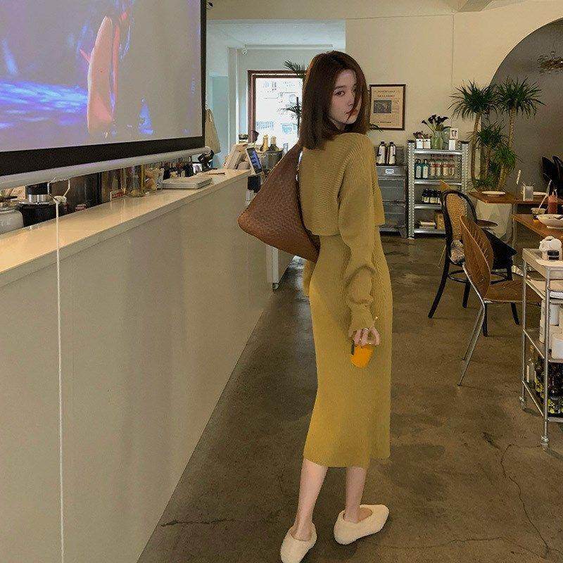 欧洲站2024秋装新款别致高级感过膝毛衣裙子两件套打底针织连衣裙