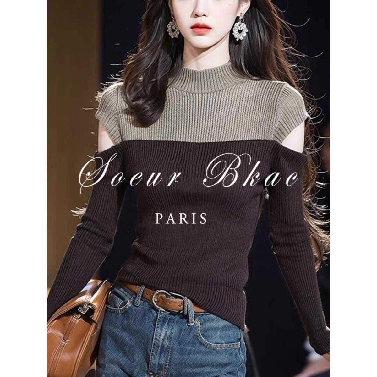 法国SOEUR BKAC法式撞色长袖针织衫2025早春独特镂空百搭显瘦上衣