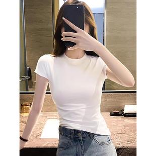显瘦高级感短款 2024夏季 T恤女修身 新款 小个子白色上衣 半高领短袖