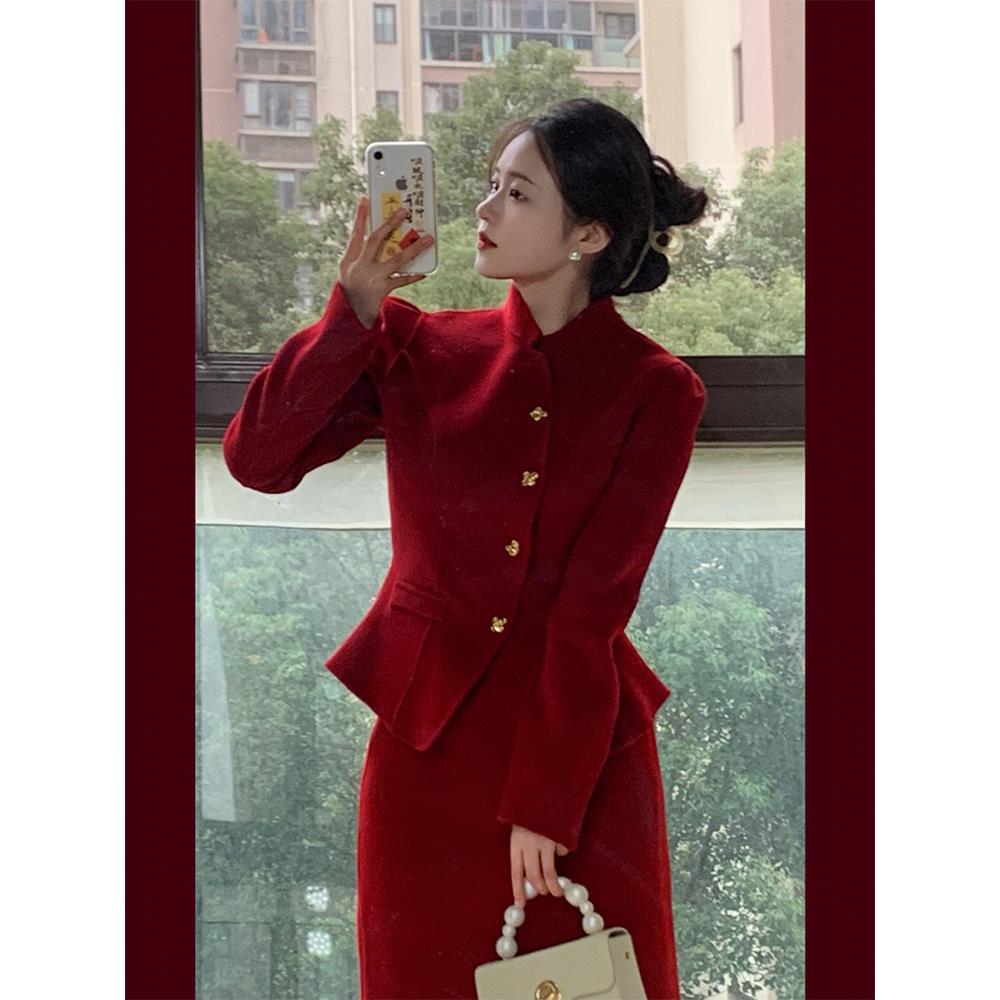 Ocnltiy｜中国红~新春时尚穿搭2025冬新款绝美毛呢外套裙子两件套