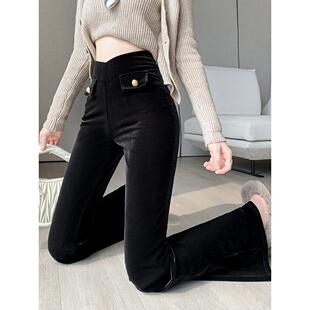 加厚丝绒喇叭裤女春秋高腰垂感显瘦直筒休闲黑色裤子加绒微喇长裤
