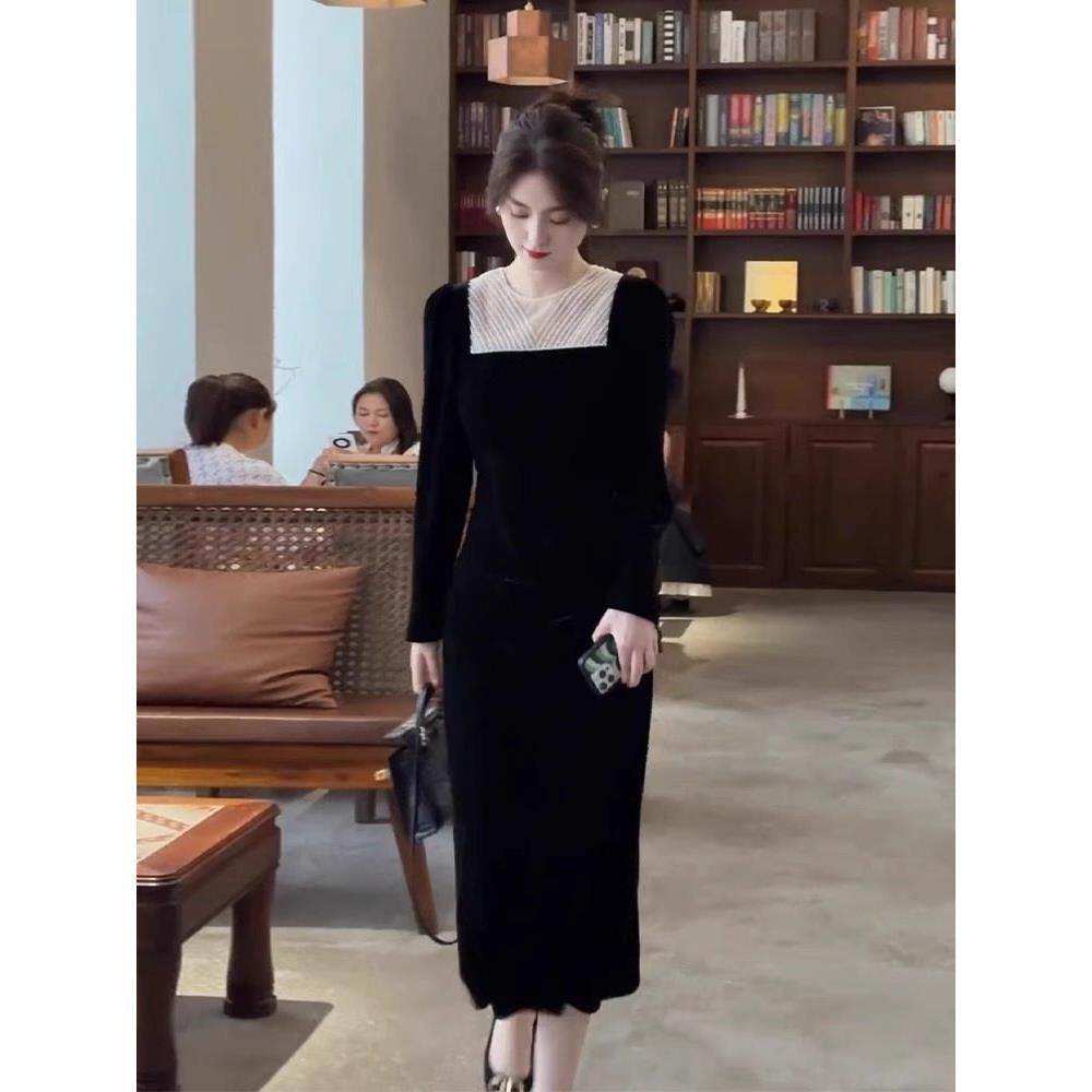 欧洲站春装女款2025新款年会礼服轻奢高级感气质长袖金丝绒洋装