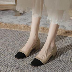 店主自留新款~羊皮低跟单鞋女春秋法式中跟浅口方头粗跟高跟鞋