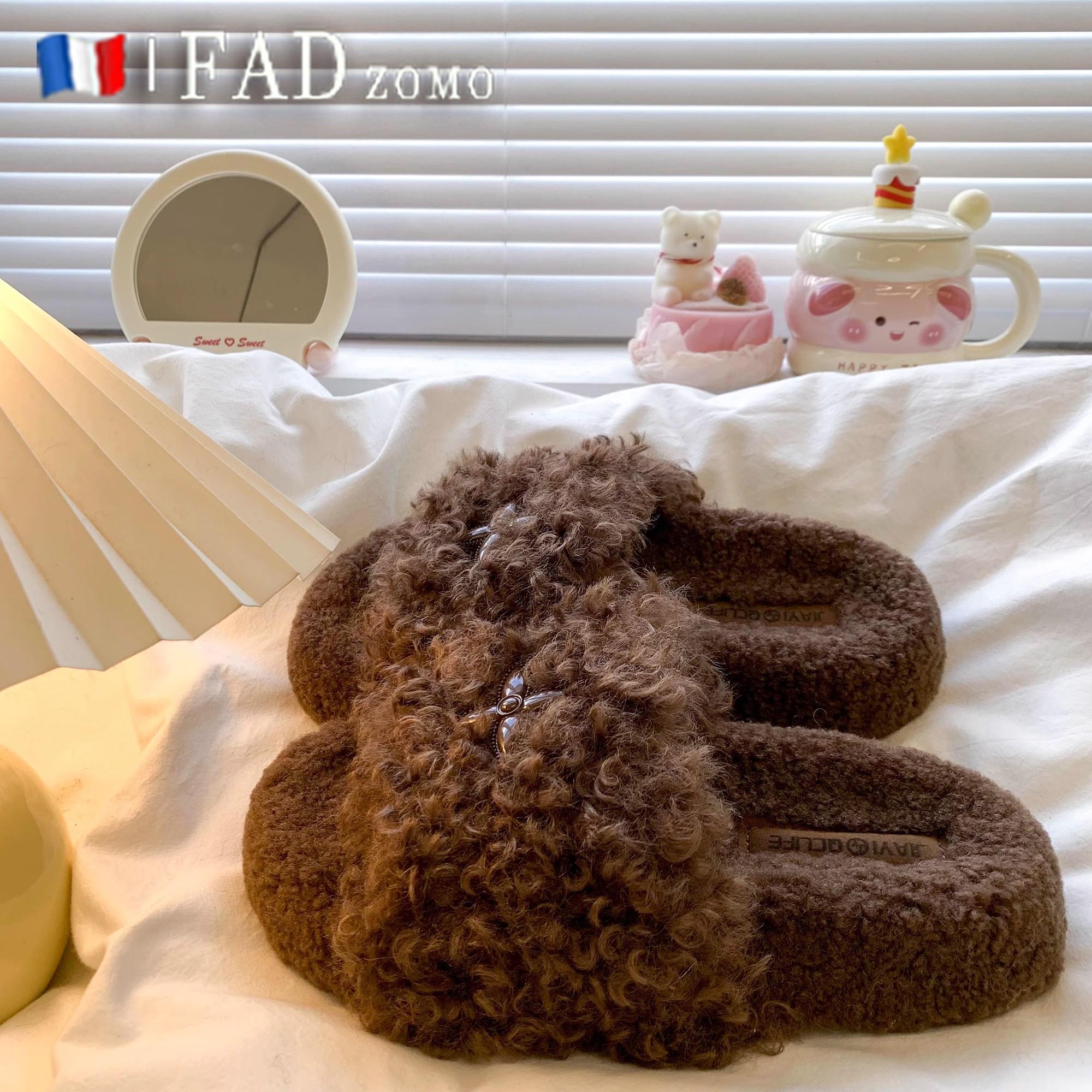 法国Fad Zomo覆古风时尚毛毛拖鞋女外穿秋冬厚底增高加绒保暖棉拖