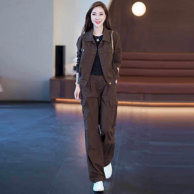 牛仔工装套装女秋季2025新款时尚气质宽松开衫短外套阔腿裤两件套