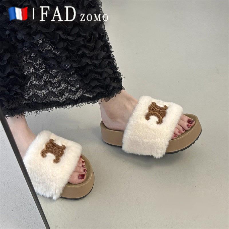 法国Fad Zomo厚底高级感一字棉拖鞋女外穿2025秋冬季法式毛毛拖鞋