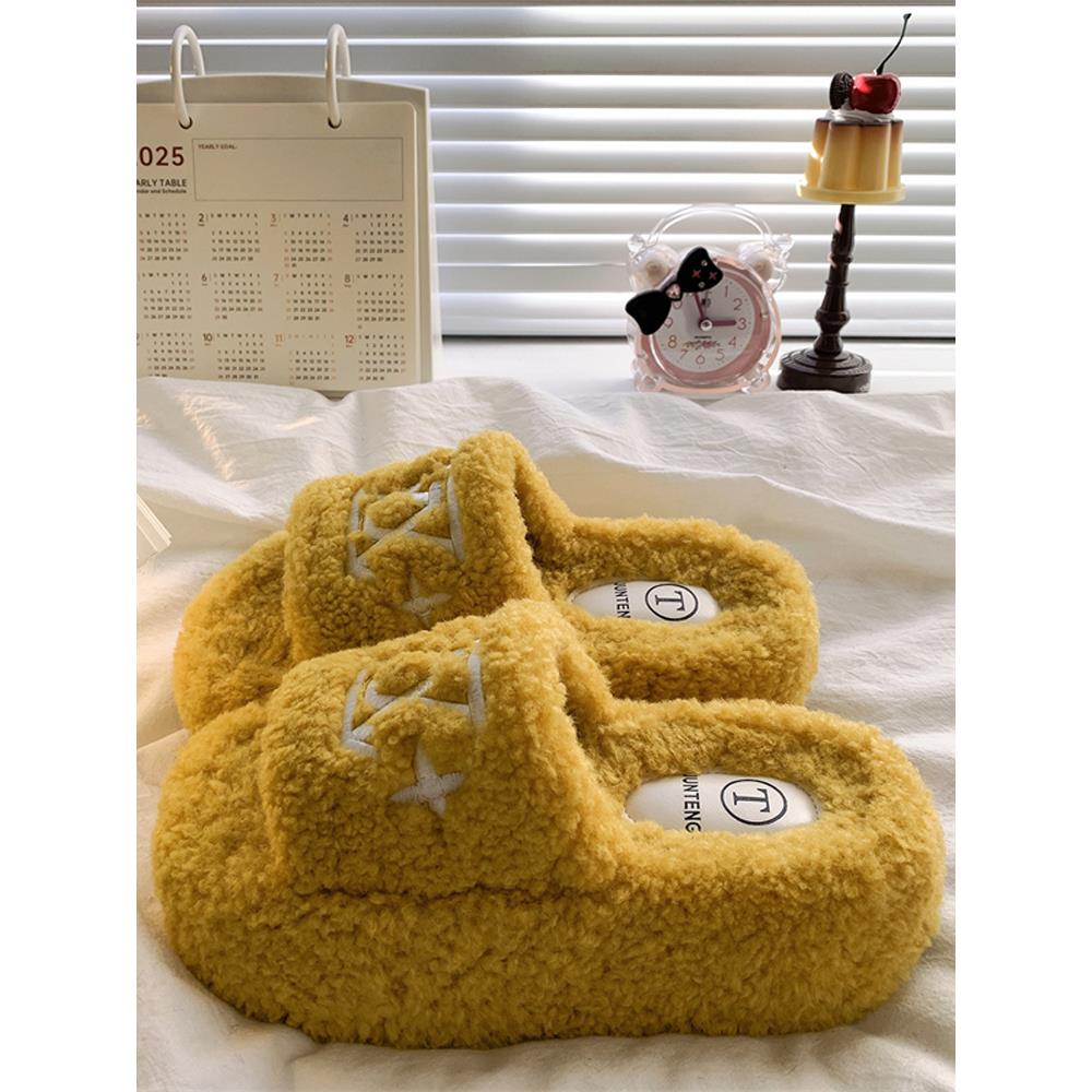 香港白鹿同款厚底增高毛毛鞋女2025新款小个子时尚轻便松糕棉拖鞋