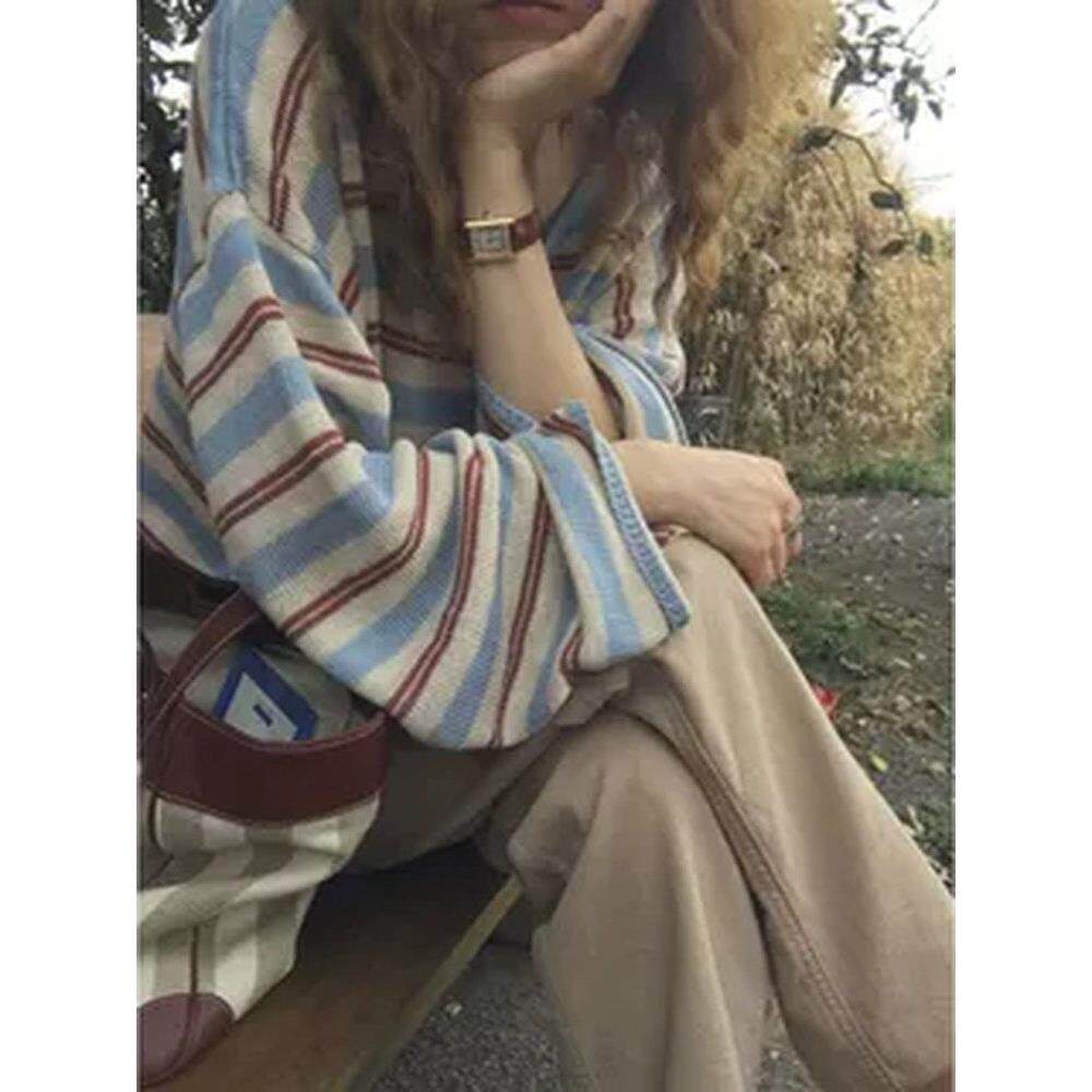 法式Rixo Kelly新款条纹长袖针织衫女薄款v领宽松慵懒风休闲上衣