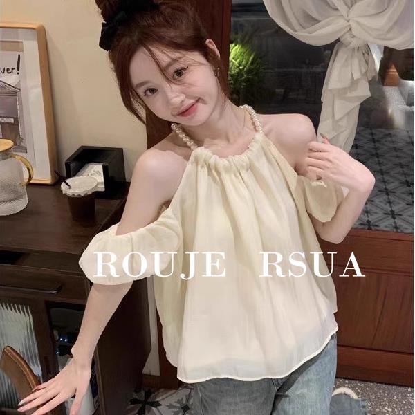 ROUJE RSUA法式超仙甜美珍珠挂脖衬衫女宽松短款爆款一字肩上衣