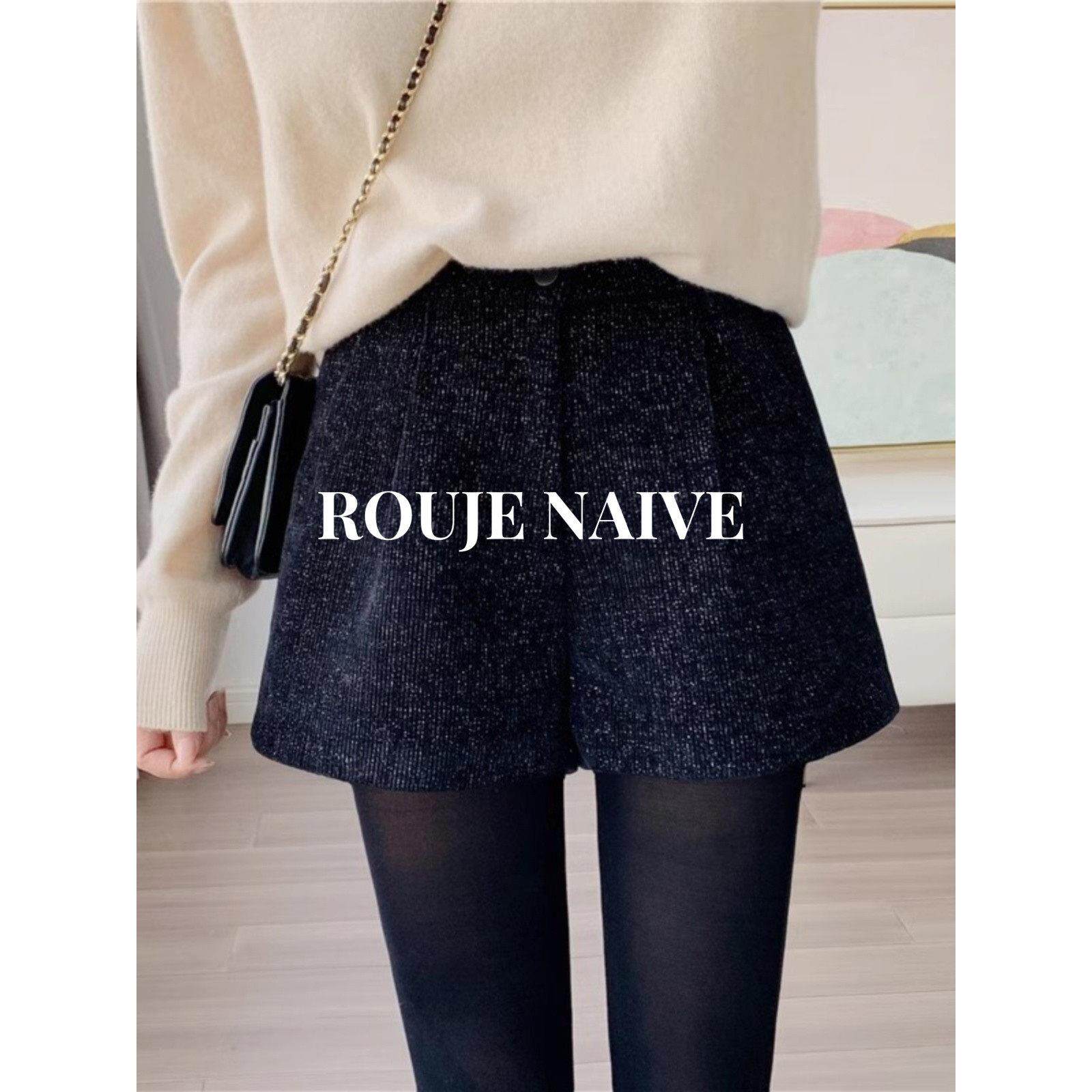 ROUJE NAIVE黑色灯芯绒短裤女秋冬季大码胖mm阔腿高腰显瘦A字靴裤