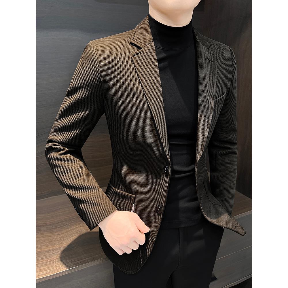 Joks Priit华夫格男士西装外套春秋季痞帅单西修身商务休闲西服