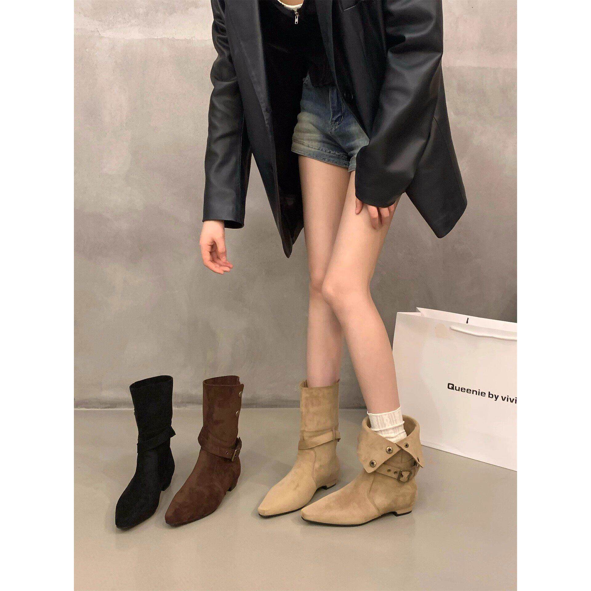 香港翻折绒面中筒靴女2025秋冬新款小个子配裙子两穿美拉德马丁靴
