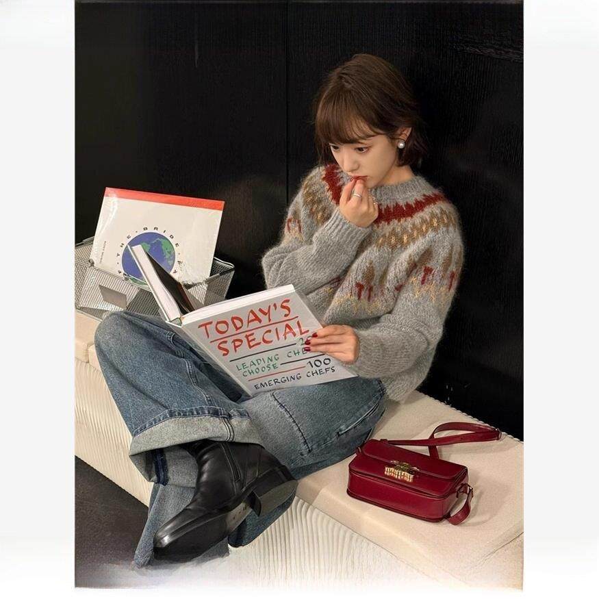 Rouje tusse费尔岛灰色提花套头羊毛衣女秋季宽松软糯羊绒针织衫