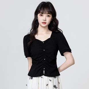 上衣 韩国黑色方领短袖 T恤女夏2025夏季 新款 不规则设计感显瘦短款