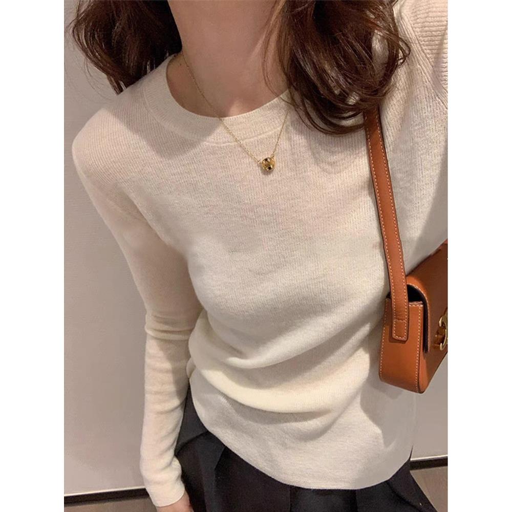 韩国2025新款白色圆领针织毛衣女秋冬打底衫长袖修身显瘦百搭上衣