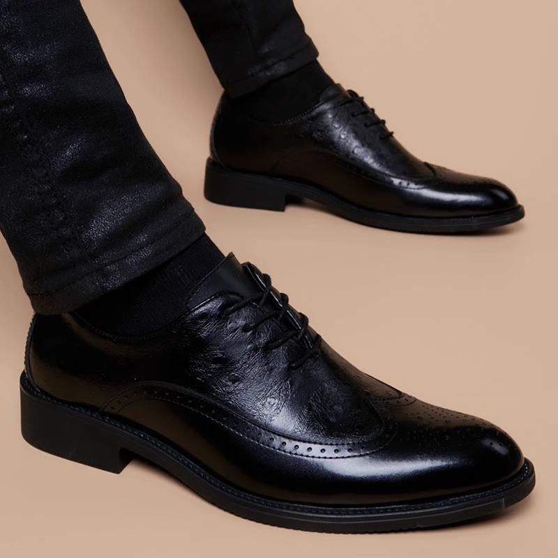 欧美正装商务皮鞋男休闲真皮软底内增高男鞋英伦布洛克结婚新郎鞋