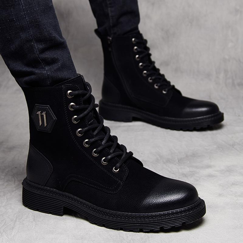 马丁靴男高帮冬季加绒2024新款英伦风工装靴子软皮内增高男士皮靴