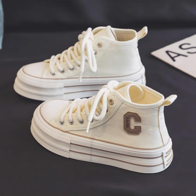 Cioem Kouim~跟高3CM/白色高筒帆布鞋女鞋2024年新款百搭板鞋