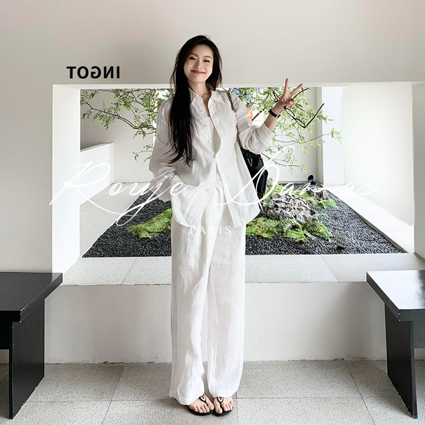 Rouje Damas老钱风白色亚麻衬衫套装女松弛感气质休闲 长裤两件套