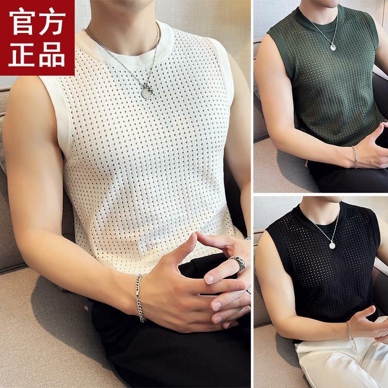 高端潮牌男士背心夏季2025新款冰丝宽肩跨栏健身坎肩紧身无袖t恤