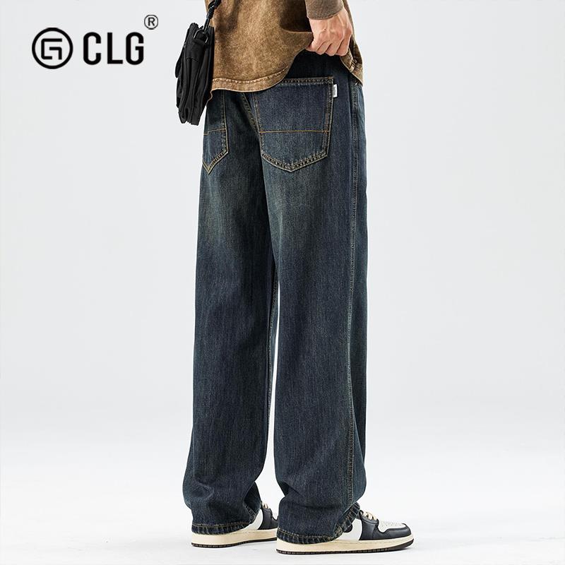 香港CLG潮牌美式复古直筒牛仔裤男新款秋冬潮流休闲宽松阔腿长裤