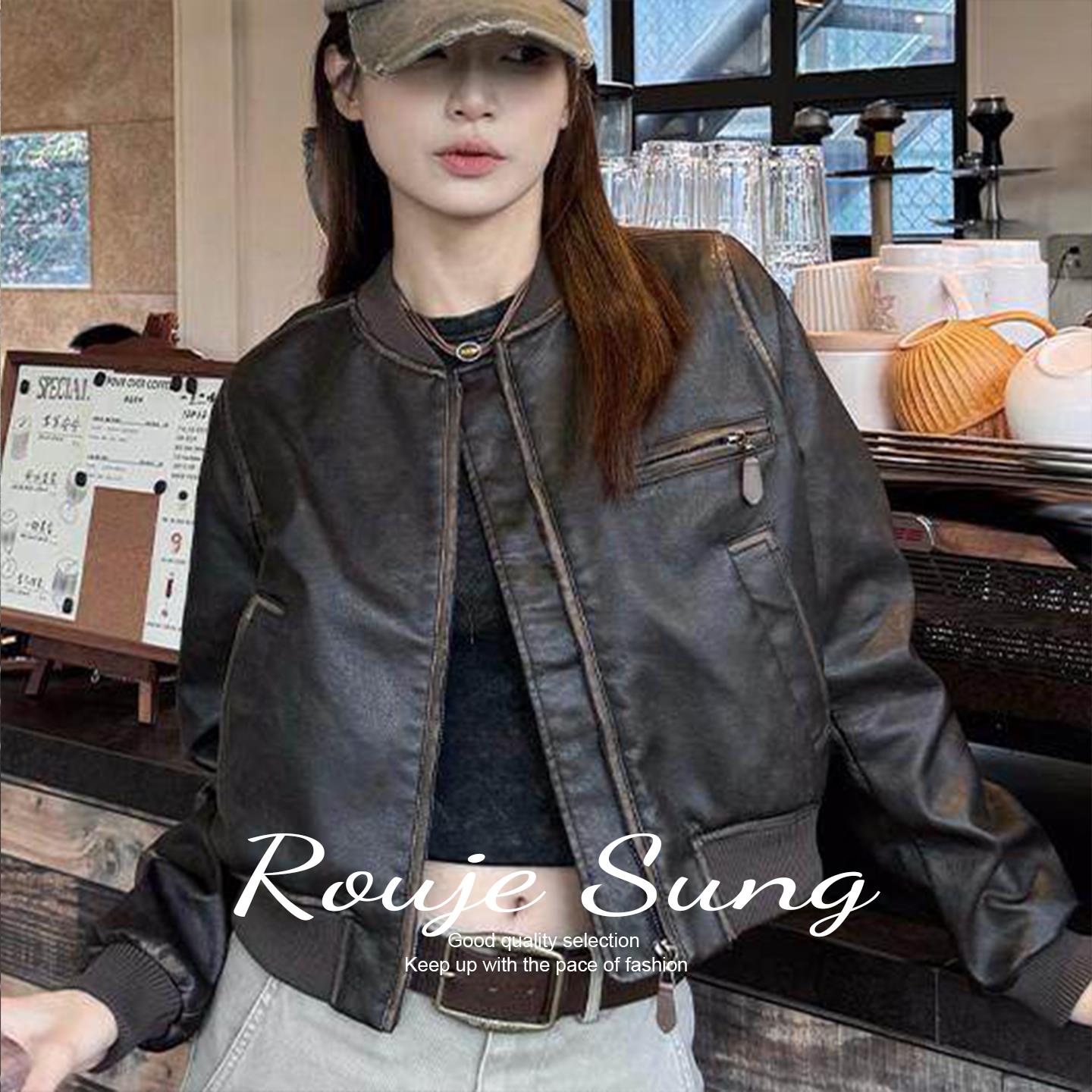 ROUJE SUNG深棕色短款机车皮衣夹克女春秋美拉德修身百搭外套上衣