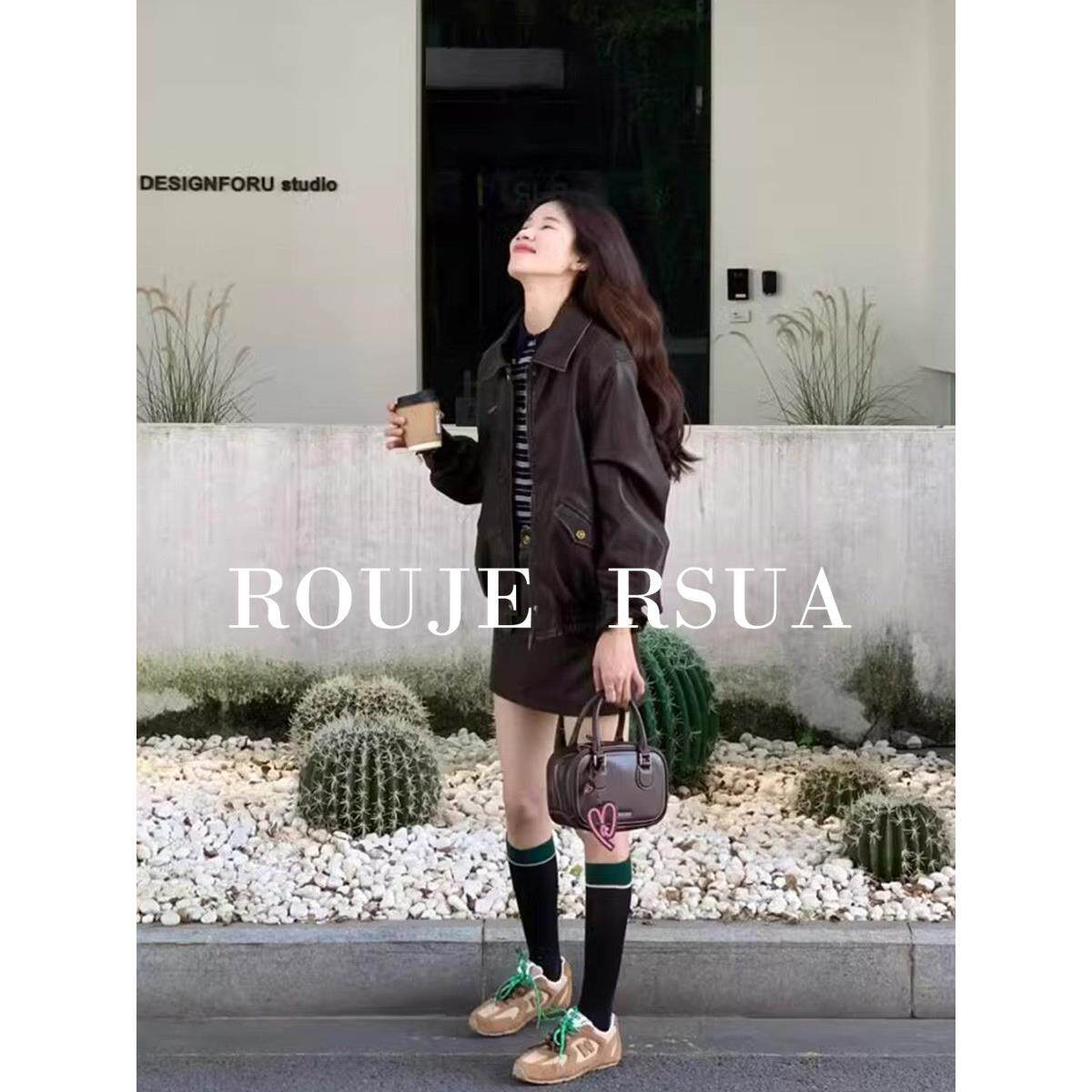 ROUJE RSUA法式秋新款别致棕色复古做旧夹克皮衣女短裙时尚套装