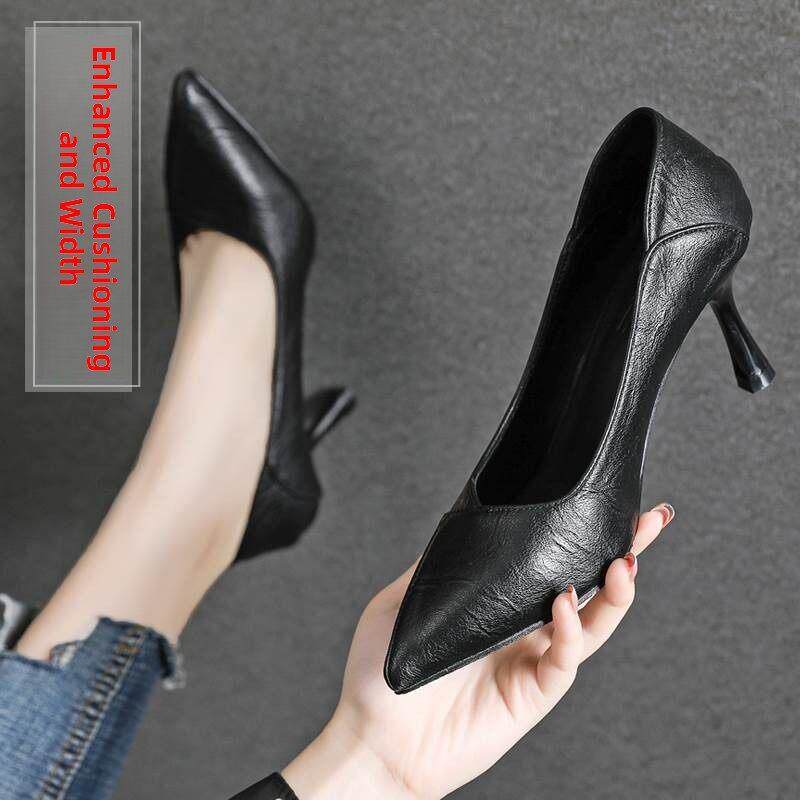 不累脚高跟鞋女职业2025年新款宽脚大码真皮黑色细跟尖头工作单鞋
