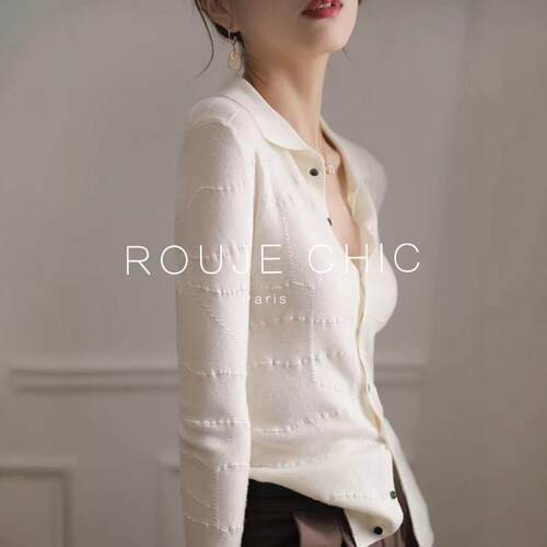 ROUJE CHIC法式优雅气质白色翻领软糯针织衫女春温柔修身显瘦上衣
