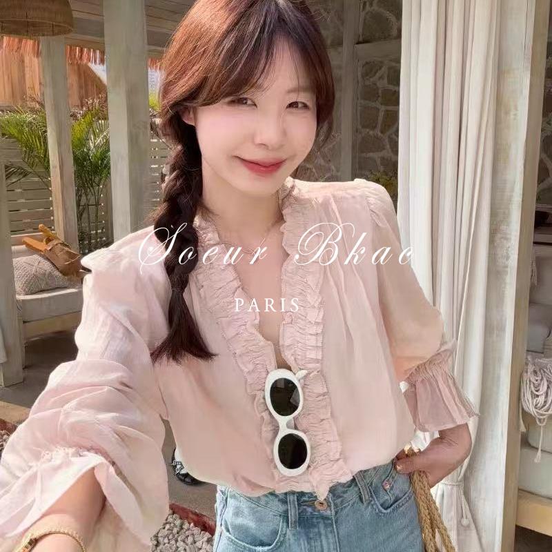 法国SOEUR BKAC法式粉色V领木耳边长袖衬衫女秋气质显瘦百搭上衣