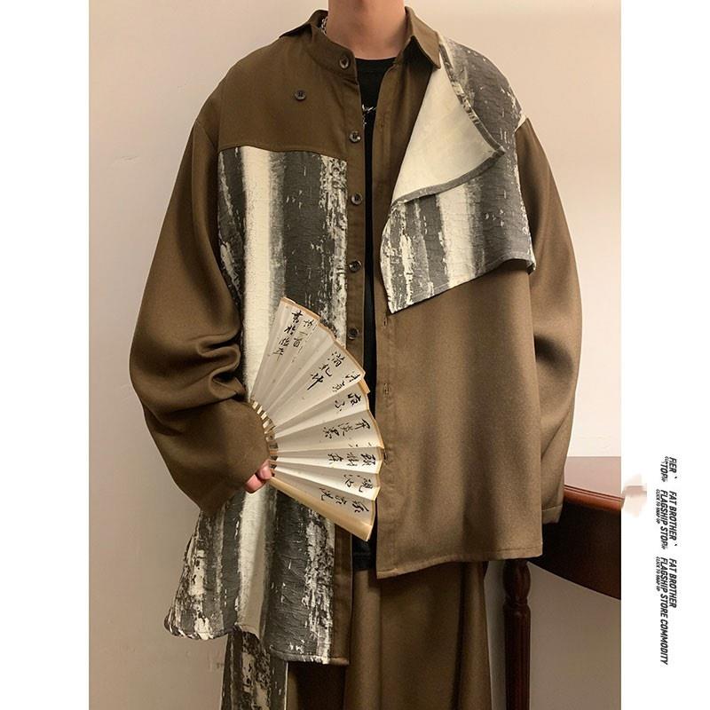コーデイの潮牌日系扎染衬衫男秋季不规则男装设计感拼接长袖衬衣