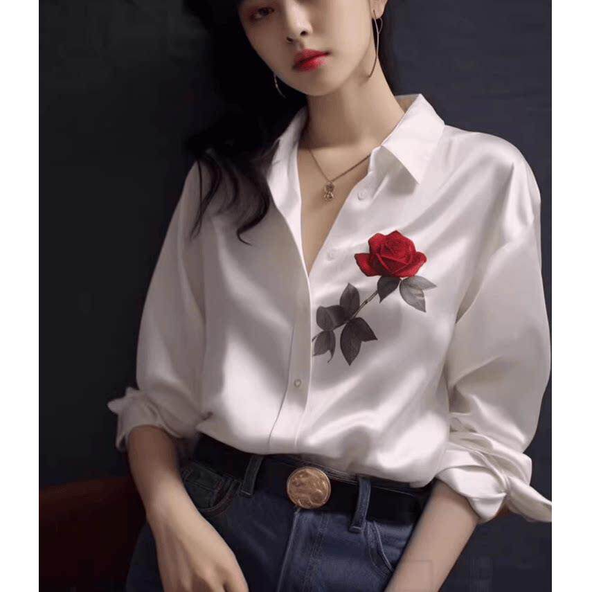 白色印花醋酸缎面真丝衬衫女高级感轻奢名媛上衣别致长袖冰丝衬衣